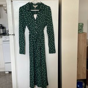 Boden NWT US 8R Green Polka Dot Long Sleeve Belt Cotton Tencel Dress